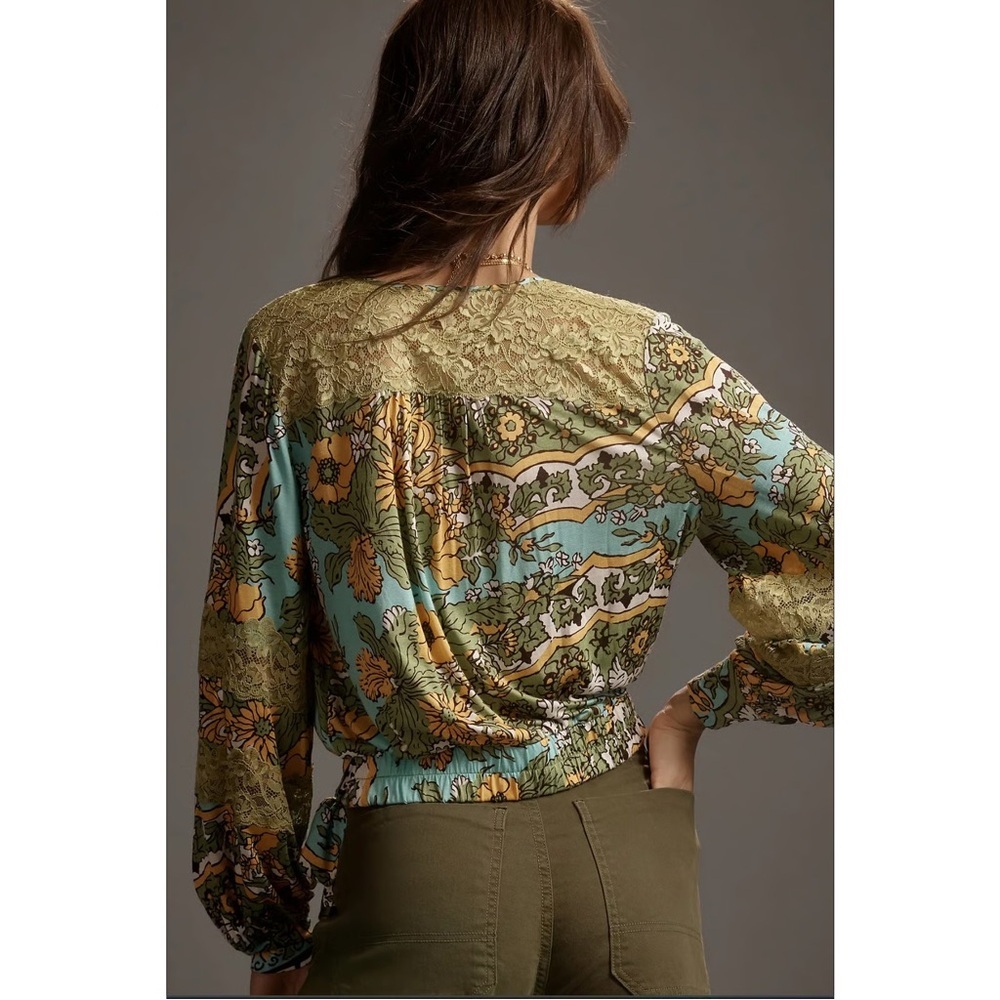 NWT Tiny by Anthropologie Retro Print Lace Top Floral Green Blue XXS fits S - Picture 2 of 12